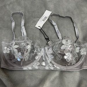 Fleur Du Mail Violet Balconette Bra, Silver Foil NWT sz 32D $178